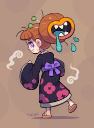 1girl brown_hair extra_mouth futakuchi-onna grey_background highres japanese_clothes kayama_taiga kimono orange_lips original purple_ribbon ribbon saliva sandals smile teeth zouri