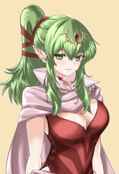 Rule 34 | 1girl, absurdres, breasts, cape, choker, cleavage, closed mouth, commentary request, dress, fire emblem, fire emblem awakening, green eyes, green hair, hair ornament, high collar, highres, large breasts, long hair, looking at viewer, nintendo, partial commentary, pink cape, pointy ears, ponytail, red choker, red dress, sidelocks, simple background, sleeveless, sleeveless dress, smile, solo, studio sugimoto, tiki (adult) (fire emblem), tiki (fire emblem), yellow background