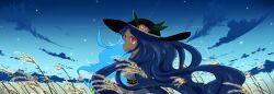 absurdres blue_hair cloud cloudy_sky glowing glowing_eyes hat hat_ornament highres hinanawi_tenshi leaf_hat_ornament looking_at_viewer nibositaberu outdoors red_eyes sky touhou upper_body