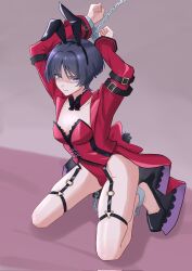 Rule 34 | 1boy, animal ear hairband, animal ears, arms up, black bow, black bowtie, black hairband, black shoes, blunt ends, bow, bowtie, bulge, chain, chained, choppy bangs, clenched hands, clenched teeth, coattails, collar, collarbone, cross-laced clothes, cross-laced leotard, crossdressing, crossdressing (mtf), detached collar, eyeliner, eyeshadow, fake animal ears, genshin impact, glaring, grey hair, hairband, high heels, highleg, highleg leotard, highres, jacket, kneeling, lapels, layered sleeves, leotard, long sleeves, makeup, male focus, male playboy bunny, o-ring, o-ring thigh strap, open clothes, open jacket, pectoral cleavage, pectorals, purinigax, purple eyes, rabbit ears, red collar, red eyeliner, red eyeshadow, red jacket, red leotard, red sleeves, scaramouche (genshin impact), shaded face, shoes, simple background, skindentation, sleeve belt, solo, strapless, strapless leotard, teeth, thigh strap, triangle ring, tsurime, white sleeves