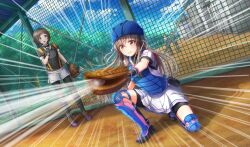 4girls ball baseball_(object) baseball_glove baseball_helmet baseball_uniform belt_pouch bike_shorts_under_skirt black_footwear black_gloves black_pantyhose black_pouch black_shorts black_socks black_undershirt brown_hair catcher_(baseball) catching chest_protector cinderella_series clenched_teeth cloud dutch_angle emphasis_lines fingerless_gloves full_body game_cg gloves grey_eyes hachigatsu_no_cinderella_nine hair_ribbon hand_on_own_chest helmet highres holding holding_ball long_hair looking_at_another makino_hana motion_blur motion_lines multiple_girls net non-web_source official_art on_one_knee open_mouth orange_eyes pantyhose playing_sports pleated_skirt pouch ribbon satogahama_baseball_uniform shiina_yukari_(hachigatsu_no_cinderella_nine) shin_guards shirt shirt_under_shirt short_hair short_sleeves shorts skirt sky socks solo_focus speed_lines sportswear standing striped_clothes striped_shirt sweat teeth tree v-shaped_eyebrows vertical-striped_clothes vertical-striped_shirt white_ribbon white_shorts wristband
