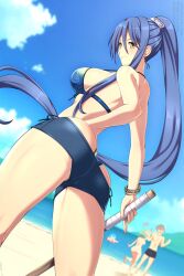 1boy 3girls ass ass_focus beach bikini blue_bikini blue_hair blue_sky bracelet breasts cloud double-parted_bangs eiyuu_densetsu floating_hair hair_between_eyes hajimari_no_kiseki highres holding holding_sword holding_weapon jewelry large_breasts laura_s._arseid lindaroze long_sidelocks looking_at_viewer millium_orion multiple_girls musse_egret ocean outdoors ponytail rean_schwarzer sen_no_kiseki_(series) sidelocks single_sidelock sky smile swimsuit sword weapon wooden_sword yellow_eyes