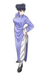 1girl absurdres black_hair changpao china_dress chinese_clothes double_bun dress fighting_stance hair_bun highres kokoro_no_koibito kung_fu long_sleeves martial_arts monk original shaolin_monk smile tangzhuang training