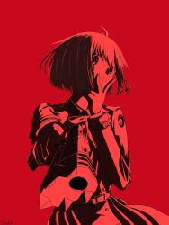 Rule 34 | 1girl, absurdres, ahoge, alaska0812, artist name, bob cut, commentary request, cowboy shot, dress, emblem, eyelashes, foreshortening, grin, gun, hand up, handgun, highres, holding, holding gun, holding weapon, long sleeves, looking at viewer, lycoris recoil, lycoris uniform, monochrome, nishikigi chisato, outstretched arm, pleated dress, red background, red theme, short hair, simple background, smile, solo, standing, v, v over mouth, weapon