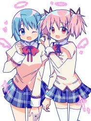Rule 34 | 2girls, :d, ;d, absurdres, blue eyes, blue hair, blue skirt, bow, bowtie, breasts, highres, jewelry, kaname madoka, long sleeves, mahou shoujo madoka magica, medium breasts, miki sayaka, miniskirt, mitakihara school uniform, multiple girls, one eye closed, open mouth, pink hair, plaid clothes, plaid skirt, pleated skirt, red bow, red bowtie, red eyes, ring, ruru (rurumagi), school uniform, shirt, short hair, short twintails, skirt, smile, standing, thighhighs, twintails, wedding ring, white background, white thighhighs, yellow shirt, yuri, zettai ryouiki