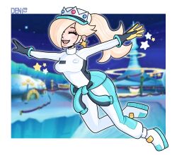 Rule 34 | 1girl, baseball cap, blonde hair, closed eyes, clothes around waist, denii, flying, gloves, hair over one eye, hat, highres, long hair, mario (series), mario kart, mario kart world, nintendo, ponytail, racing suit, rosalina