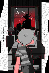 Rule 34 | 3boys, abstract background, absurdres, claus (mother 3), curtains, flint (mother 3), from behind, gradient sky, grid background, highres, lamp, lightning, lucas (mother 3), male focus, mi (33tb), mother (series), mother 3, multiple boys, nintendo, outline, partially colored, red outline, shirt, shorts, sky, striped clothes, striped shirt, table, window