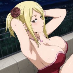blonde_hair blush breasts dress fairy_tail huge_breasts lucy_heartfilia red_dress
