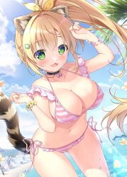 1girl animal_ears bare_shoulders beach bikini black_choker blonde_hair blush bow bracelet breasts choker cleavage flower green_eyes hair_bow hair_ornament highres jewelry large_breasts long_hair looking_at_viewer mikeou navel open_mouth original outdoors pink_bikini ponytail side_ponytail smile solo stomach swimsuit tail water