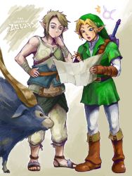^^^ 2boys blonde_hair blue_eyes brown_hair dual_persona earrings fairy gloves goat horns jewelry link male_focus master_sword multiple_boys navi nintendo pointy_ears sword tegaki the_legend_of_zelda the_legend_of_zelda:_ocarina_of_time the_legend_of_zelda:_twilight_princess time_paradox weapon