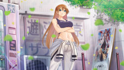 1girl arms_under_breasts blue_eyes blurry blurry_background breasts brown_hair closed_mouth commentary crop_top english_commentary falling_leaves groin hair_ornament hairclip hiiragi_asuka_(tokyo_xanadu) large_breasts leaf long_hair looking_at_viewer navel official_art_inset outdoors pants samsam_s2s solo standing tokyo_xanadu white_pants