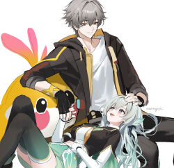 Rule 34 | 1boy, 1girl, absurdres, aqua skirt, aqua thighhighs, black coat, blue pupils, caelus (honkai: star rail), coat, fingerless gloves, firefly (honkai: star rail), gloves, grey hair, highres, honkai: star rail, honkai (series), hood, hooded coat, meoyo, multicolored eyes, open clothes, open coat, skirt, thighhighs, trailblazer (honkai: star rail), two-sided coat, two-sided fabric, yellow coat