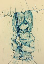 1girl arinu breasts closed_mouth commentary_request cowboy_shot female_focus hair_over_one_eye high_collar highres holding holding_umbrella juliet_sleeves karakasa_obake long_sleeves looking_at_viewer medium_breasts medium_hair puffy_sleeves sad shirt simple_background skirt solo standing tatara_kogasa touhou traditional_media umbrella vest water_drop