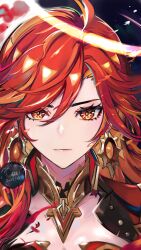 1girl artist_name blurry blurry_background blurry_foreground cat23 center_opening chinese_commentary close-up closed_mouth detached_collar earrings genshin_impact glint glowing hair_between_eyes high_collar highres jewelry lofter_username long_hair looking_at_viewer mavuika_(genshin_impact) multicolored_eyes multicolored_hair orange_pupils pink_lips red_eyes red_hair shade solo streaked_hair sun_symbol upper_body wavy_hair