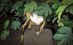 1boy blonde_hair covered_eyes cross cross_necklace degrees_of_lewdity grey_sweater highres jewelry leaf long_hair necklace octopus_dol solo sweater sydney_(degrees_of_lewdity) sydney_(male)_(degrees_of_lewdity) upper_body