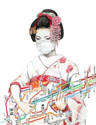 1girl erica_ward flower geisha guitar hair_flower hair_ornament highres holding holding_guitar holding_instrument instrument japanese_clothes kimono map mask mouth_mask obi original plectrum red_sash sash simple_background solo subway_map upper_body white_background white_kimono