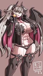 1girl abs black_cloak black_hands body_markings boots breasts candy cleavage cloak collarbone colored_extremities demon_girl demon_horns demon_wings fang fate/grand_order fate_(series) food green_eyes grey_hair highres horns index_finger_raised lilith_(fate) lollipop long_hair looking_at_viewer makotsuka muscular muscular_female navel open_clothes open_mouth pointy_ears smile snake solo stomach_tattoo tattoo thick_thighs thigh_boots thighs toned twintails very_long_hair wings