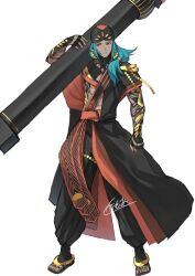 1boy aqua_hair arm_tattoo ashoka_(fate) black_pants black_turban carrying closed_mouth commentary_request dark-skinned_male dark_skin earrings fate/grand_order fate_(series) frown full_body highres indian_clothes jewelry kamo_ashi long_hair looking_to_the_side male_focus orange_eyes pants simple_background solo standing tattoo toned toned_male white_background