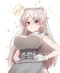 Rule 34 | 1girl, 702 (naotsu), absurdres, breasts, brown eyes, conte di cavour (kancolle), conte di cavour nuovo (kancolle), dress, gloves, grey dress, grey hair, hands on own hips, highres, kantai collection, large breasts, layered dress, long hair, mvp, short sleeves, solo, two-tone dress, two side up, white background, white gloves