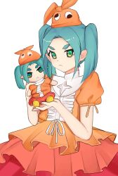 1girl :&lt; aqua_hair child closed_mouth cowboy_shot doll dot_nose dress expressionless female_focus fumo_(doll) hands_up hat holding holding_doll looking_at_viewer medium_hair meemz_a monogatari_(series) ononoki_yotsugi orange_dress orange_hat pointy_ears simple_background solo thick_eyebrows twintails two-tone_dress white_background white_dress