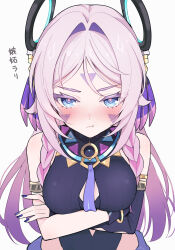 Rule 34 | 1girl, :t, arms under breasts, black leotard, blue eyes, blush, breasts, citlali (genshin impact), closed mouth, colored eyelashes, commentary request, crossed arms, facial mark, feathers, fingernails, floating headgear, forehead mark, genshin impact, glove cutout, hair intakes, headgear, highres, leotard, long hair, looking at viewer, medium breasts, nail polish, pink feathers, pink hair, pink pupils, pout, purple feathers, ring hair ornament, simple background, sleeveless turtleneck leotard, solo, translation request, triangle, triangle facial mark, upper body, ura (hamburg oniku), white background