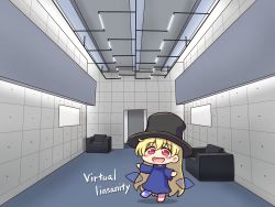 1girl black_hat blonde_hair blush chibi clownpiece english_text hat highres indoors jamiroquai long_hair looking_at_viewer open_mouth parody red_eyes shitacemayo smile solo top_hat touhou