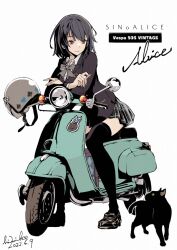 1girl alice_(sinoalice) black_cat black_hair black_thighhighs blazer bow bowtie cat character_name copyright_name crossed_arms dated dress_shirt dress_shoes full_body helmet highres himiko_(326ontheweb) jacket light_smile looking_at_animal motor_vehicle motorcycle on_motorcycle plaid_clothes plaid_skirt reality_arc_(sinoalice) red_eyes scooter shirt short_hair signature simple_background sinoalice sitting skirt solo thighhighs unworn_headwear unworn_helmet vespa white_background zettai_ryouiki