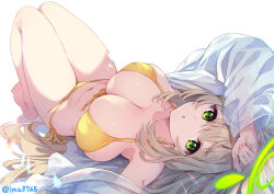1girl :o barefoot bikini blue_archive breasts brown_hair cleavage front-tie_bikini_top front-tie_top green_eyes highres ima_(lm_ew) large_breasts long_hair looking_at_viewer lying nonomi_(blue_archive) nonomi_(swimsuit)_(blue_archive) official_alternate_hairstyle on_back see-through_clothes see-through_shirt shirt side-tie_bikini_bottom simple_background solo swimsuit very_long_hair white_background white_shirt yellow_bikini
