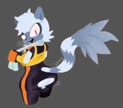 1girl artist_name crop_top female_focus furry furry_female gloves grey_fur lemur looking_back pants purple_eyes sega short_hair simple_background solo solo_focus sonic_(series) sweat tail tangle_the_lemur theonehornedimp tight_clothes tight_pants torn_clothes torn_pants towel
