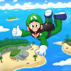 1boy absurdres album_cover alternate_costume blue_boots boots brown_hair cloud commentary cover day english_commentary facial_hair gloves green_hat green_jumpsuit hat highres island jumpsuit looking_at_viewer luigi male_focus mario mario_(series) mustache nintendo open_mouth outdoors palm_tree parody short_hair takanaka_masayoshi thumbs_up tree vinny_(dingitydingus) water white_gloves