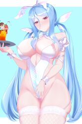 1girl absurdres alternate_hair_color animal_ears blue_background blue_hair blush bow bowtie breasts brown_dust_(series) brown_dust_2 censored cindy137746442 cleavage closed_mouth clothing_aside fake_animal_ears fishnet_thighhighs fishnets food groin hair_between_eyes heart heart_censor highres holding holding_tray large_breasts leotard leotard_aside leotard_pull long_hair looking_at_viewer morpeah_(brown_dust) parfait pink_eyes skindentation smile solo thighhighs tray twintails very_long_hair white_bow white_bowtie white_leotard white_wrist_cuffs wrist_cuffs