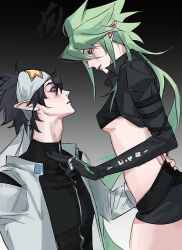 1boy 1girl absurdres aotu_world bandana black_gloves black_hair black_shirt black_shorts breasts crop_top cropped_jacket eye_contact from_side genderswap genderswap_(mtf) gloves gradient_background green_eyes green_hair halo hand_on_another&#039;s_back hand_on_another&#039;s_neck headband hetero highres jacket jewelry long_hair long_sleeves looking_at_another low_ponytail medium_breasts midriff multicolored_eyes multiple_rings open_clothes open_mouth parted_lips pointy_ears ponytail purple_eyes ray_(aotu_world) red_eyes ring shirt short_hair short_shorts shorts spiked_hair turtleneck underboob very_long_hair white_headband white_jacket xander_(aotu_world) yellow_eyes yigeniuren