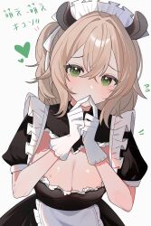 1girl animal_ears apron black_dress breasts brown_hair cleavage dress frilled_apron frilled_dress frills gloves green_eyes hana20000920 highres indie_virtual_youtuber large_breasts maid maid_apron maid_headdress nimi_nightmare one_side_up short_hair short_sleeves simple_background solo sweatdrop tapir_ears tapir_girl translation_request upper_body virtual_youtuber white_apron white_background white_gloves white_headdress