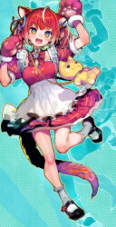 1girl akami_karubi animal_bag animal_ears animal_hands apron arm_up black_footwear blue_eyes blue_ribbon breasts cat_ears cat_girl cat_tail commentary_request dress full_body gloves gradient_eyes hair_ribbon hand_up highres indie_virtual_youtuber looking_ahead medium_breasts multicolored_eyes multicolored_hair onono_imoko paw_gloves paw_pose puffy_short_sleeves puffy_sleeves red_dress red_hair ribbon short_sleeves solo streaked_hair tail twintails virtual_youtuber waist_apron white_apron white_hair