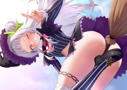 1girl ;d arched_bangs ass black_capelet black_gloves black_hat black_jacket black_shoes black_skirt black_thighhighs bow bowtie broom broom_riding capelet commentary cone_hair_bun cropped_jacket dutch_angle faubynet gloves grey_hair grin hair_bun hairband hand_up hat hexagram_hair_ornament highres hololive jacket knees_out_of_frame loafers long_hair long_sleeves looking_at_viewer microskirt midriff murasaki_shion murasaki_shion_(1st_costume) one_eye_closed open_mouth pentagram pink_bow pink_bowtie pinstripe_jacket pinstripe_pattern purple_capelet revision shoes short_eyebrows side_up_bun sidelocks single_side_bun skirt smile solo striped_clothes striped_thighhighs thighhighs vertical-striped_clothes vertical-striped_thighhighs virtual_youtuber witch_hat yellow_eyes