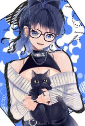 1girl animal black-framed_eyewear black_dress black_nails blue_eyes blue_hair breasts cat cleavage cleavage_cutout clothing_cutout dress earrings ginpe_souda glasses highres holding holding_animal holding_cat jewelry kson kson_(party_dress) large_breasts nail_polish purple_hair ring sleeveless sleeveless_dress smile solo virtual_youtuber vshojo