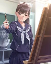 1girl art_room black_hair blue_sailor_collar blue_serafuku blue_skirt blurry blurry_background blush bokeh bow brown_eyes bust_(sculpture) canvas_(object) chalkboard closed_mouth collarbone cowboy_shot day depth_of_field hair_bow hand_up highres holding holding_pencil indoors locker long_hair long_sleeves looking_afar looking_at_object love_plus neckerchief official_art one_eye_closed pencil pleated_skirt ponytail sailor_collar school_uniform sculpture serafuku shelf skirt solo statue takane_manaka white_bow white_neckerchief winter_uniform