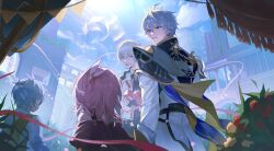 1girl 3boys ahoge black_gloves black_jacket blue_eyes blue_sky caelus_(honkai:_star_rail) coat cyrene_(honkai:_star_rail) fingerless_gloves gloves grey_hair hair_ornament hashtag-only_commentary honkai:_star_rail honkai_(series) jacket medium_hair multiple_boys pabiko phainon_(honkai:_star_rail) pink_hair purple_coat shirt sky trailblazer_(honkai:_star_rail) white_coat white_shirt