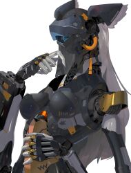 1girl absurdres blue_light breasts cable commentary_request cyclops highres humanoid_robot joints long_hair mechanical_ears medium_breasts one-eyed original robot robot_girl robot_joints science_fiction solo white_background white_hair yunimaru