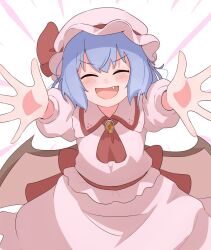 1girl ascot bat_wings blue_hair blush brooch closed_eyes collared_shirt fang frilled_shirt_collar frills hair_between_eyes hat hat_ribbon haya_s2 highres incoming_hug jewelry mob_cap open_hands open_mouth outstretched_arms outstretched_hand pink_hat pink_shirt pink_skirt puffy_sleeves reaching reaching_towards_viewer red_ascot red_ribbon remilia_scarlet ribbon shirt short_hair skirt skirt_set smile solo touhou wings