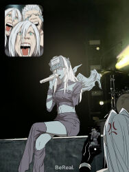 1girl 4boys amputee anger_vein bereal black_gloves breasts brothers closed_eyes colored_skin crossed_legs fan_screaming_at_madison_beer_(meme) final_fantasy final_fantasy_vii final_fantasy_vii_advent_children gloves grey_hair grey_shirt grey_skin grey_skirt grey_thighhighs hair_between_eyes hair_slicked_back helmet highres holding holding_microphone holding_phone jenova kadaj long_hair loz medium_breasts meme microphone midriff miniskirt multiple_boys music open_mouth phone red_eyes sephiroth shirt short_hair shouting siblings singing sitting skirt tears thighhighs yan_river yazoo