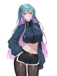 Rule 34 | 1girl, aqua hair, arm behind back, black shorts, blue shirt, breasts, brown pantyhose, closed mouth, colored inner hair, commentary, cowboy shot, crop top, crop top overhang, dolphin shorts, english commentary, highres, jinnnnnn23, long hair, long sleeves, looking at viewer, medium breasts, midriff, multicolored hair, navel, original, pantyhose, puffy long sleeves, puffy sleeves, purple eyes, purple hair, shirt, short shorts, shorts, simple background, solo, stomach, two-tone hair, very long hair, white background
