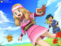 1boy 1girl ahoge alternate_costume artist_name ash_ketchum bandana black_hair blonde_hair blue_eyes breasts combee day eyelashes fankifalu fanny_pack field flower flower_field galaxy_expedition_team_survey_corps_uniform gen_1_pokemon gen_4_pokemon highres holding holding_poke_ball japanese_clothes long_hair long_sleeves looking_at_viewer low-tied_long_hair mountainous_horizon nature nintendo obi on_shoulder open_mouth outdoors outstretched_arms pikachu poke_ball pokemon pokemon_(anime) pokemon_(creature) pokemon_legends:_arceus pokemon_on_shoulder red_scarf sash scarf serena_(pokemon) short_hair sidelocks sky small_breasts swept_bangs thighs wavy_hair wide_sleeves