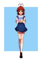 Rule 34 | 1girl, absurdres, antenna hair, blue background, blue skirt, blush, brown eyes, brown hair, brown shoes, clannad, commentary request, dango daikazoku, furukawa nagisa, hands up, high-waist skirt, highres, hikarizaka private high school uniform, kneehighs, loafers, looking at viewer, medium hair, mogege gk, open mouth, sailor collar, school uniform, serafuku, shirt, shoes, short sleeves, simple background, skirt, smile, socks, solo, standing, straight-on, summer uniform, suspender skirt, suspenders, two-tone background, white background, white sailor collar, white shirt, white socks, | |