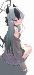 1girl absurdres black_choker black_hair black_horns blue_archive choker closed_mouth commentary_request demon_horns dress ear_piercing grey_dress grey_hair grey_jacket hair_between_eyes halo highres horns jacket kayoko_(blue_archive) kayoko_(dress)_(blue_archive) long_hair long_sleeves looking_at_viewer mirusen1x off_shoulder official_alternate_costume official_alternate_hairstyle piercing red_eyes shadow simple_background sitting sleeves_past_wrists smile solo white_background