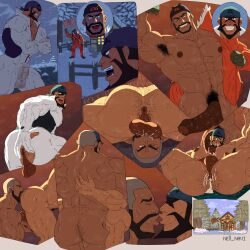 2boys abs absurdres anilingus anus archie_(pokemon) armpit_hair ass ass_hair bandana bara beard bodysuit buzz_cut commentary covered_penis covered_testicles cum cum_on_male dark-skinned_male dark_penis dark_skin erection facial_hair fellatio foreskin helmet highres irrumatio kiss large_pectorals male_focus male_pubic_hair multiple_boys multiple_views muscular muscular_male navel ne0_navi nintendo nipples official_alternate_costume one_eye_closed oral pectorals penis peony_(pokemon) pokemon pokemon_masters_ex pokemon_swsh presenting presenting_ass pubic_hair short_hair snow snowing testicles tongue tongue_out veins veiny_penis very_short_hair yaoi