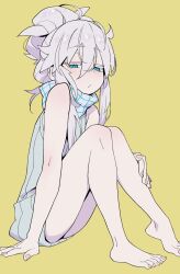 1girl bare_legs barefoot blue_eyes colored_eyelashes commentary deux_murasame dress fingernails freckles full_body gundam gundam_gquuuuuux highres light_blush long_hair no_pants ouma_bunshichirou purple_pupils scarf sitting solo sweater sweater_dress toenails updo white_eyelashes white_hair yellow_background