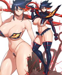 1girl absurdres alternate_breast_size black_hair boots breasts cleavage collarbone curvy gurimjang high_heels highres holding holding_sword holding_weapon huge_breasts kill_la_kill life_fiber living_clothes looking_at_viewer matoi_ryuuko multicolored_hair navel red_hair revealing_clothes scissor_blade_(kill_la_kill) senketsu short_hair showgirl_skirt sidelocks skindentation spiked_hair suspenders sword thick_thighs thigh_boots thighs two-tone_hair underboob weapon white_background