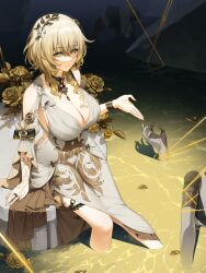 1girl absurdres aglaea_(honkai:_star_rail) blonde_hair breasts cleavage closed_mouth dress flower green_eyes highres honkai:_star_rail honkai_(series) ia_(ias1010) jewelry large_breasts ring rose short_hair sitting solo thighs white_dress yellow_flower yellow_rose