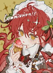 1girl ahoge collared food foodieg guanfive highres holding ice long_hair maid non-web_source sample_watermark solo upper watermark